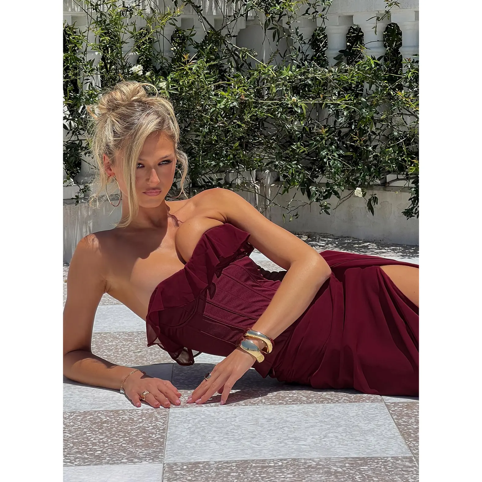 Holliann Strapless Frill Corset Top Wine