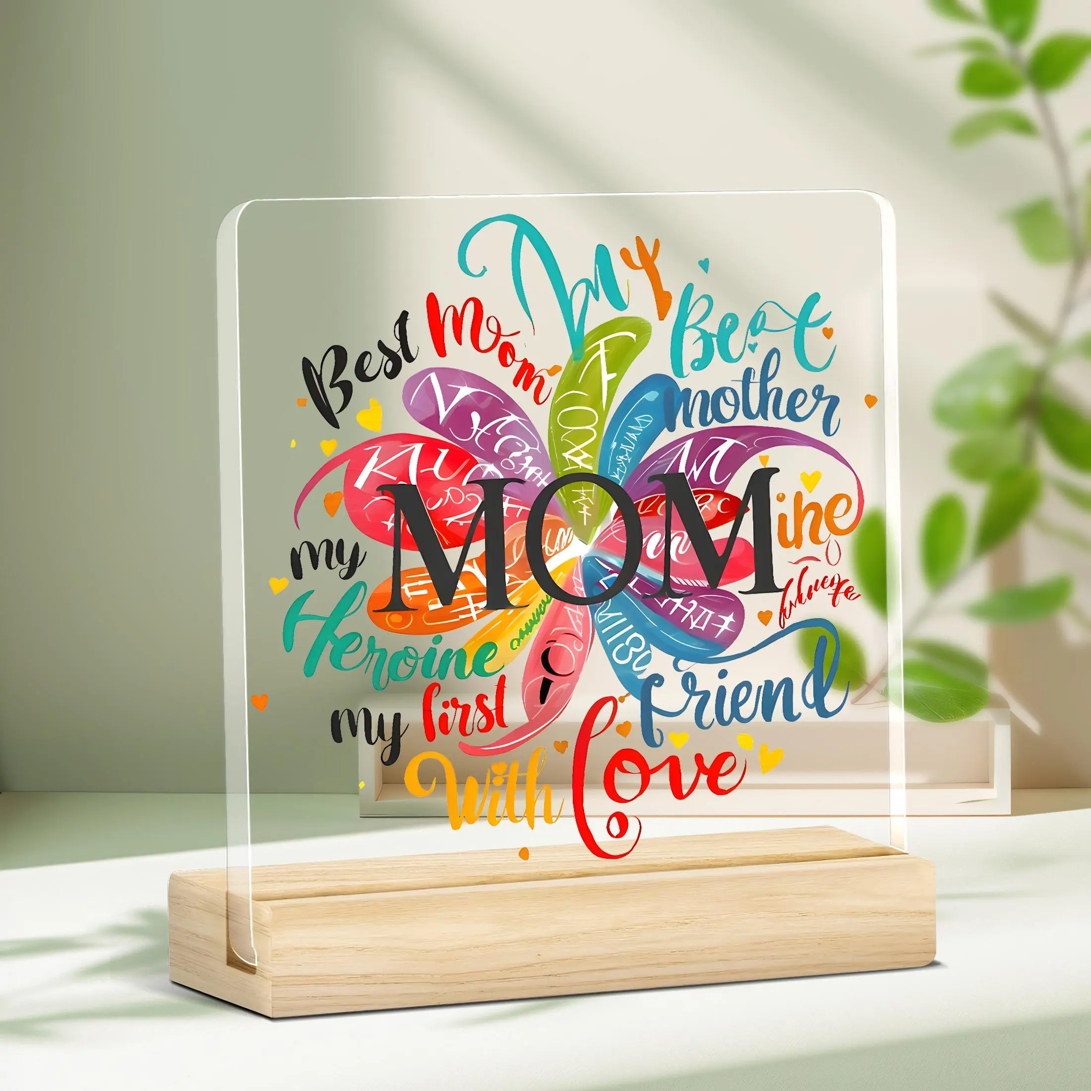 Acrylic Plaque, Creative Letter Pattern Clear Acrylic Plaque with Wooden Base, Home Decor for Living Room Bedroom, Gift for Mom, Signs