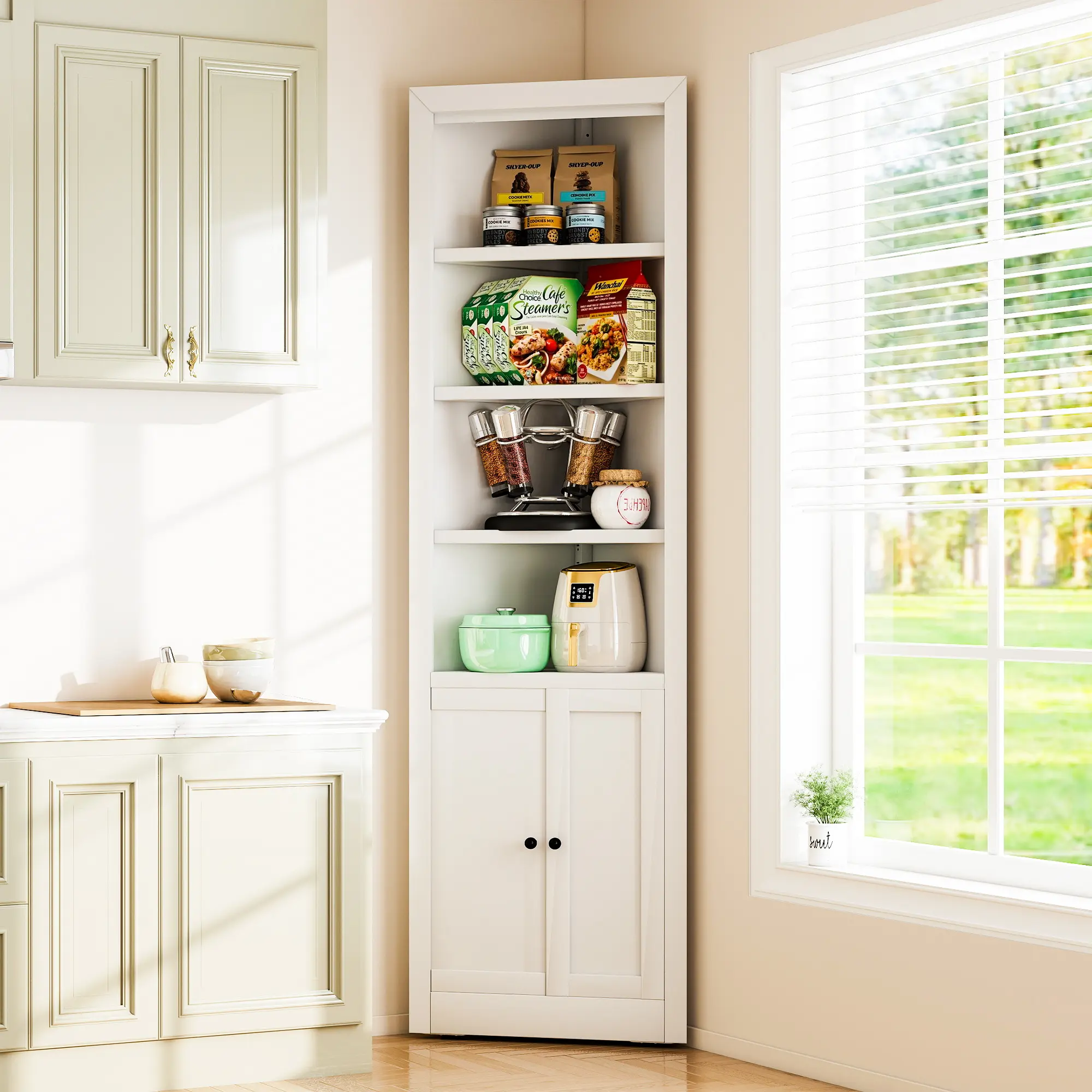 71" Tall Corner Storage Cabinet, Freestanding Corner Bookshelf with Doors & Adjustable Shelves, Space-Saving Organizer for Living Room, Kitchen, and Office