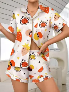 Women's Fruit Print Short Sleeve Pajama, Strawberry Print Pajama, Casual Comfy Pyjama Set for Summer, Women's Sleepwear for Indoor Wear, Pjs
