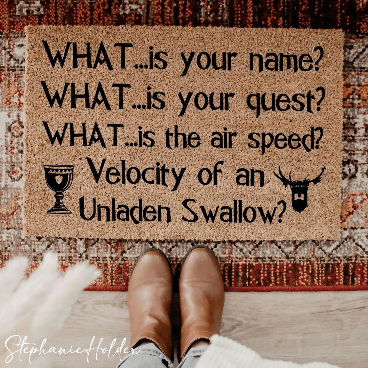 What Is Your Name? Funny Welcome Mat, Monty Python Front Door Rug, Quirky Home Decor, Monty Python Inspired Gift For Him, Nerdy Doormat