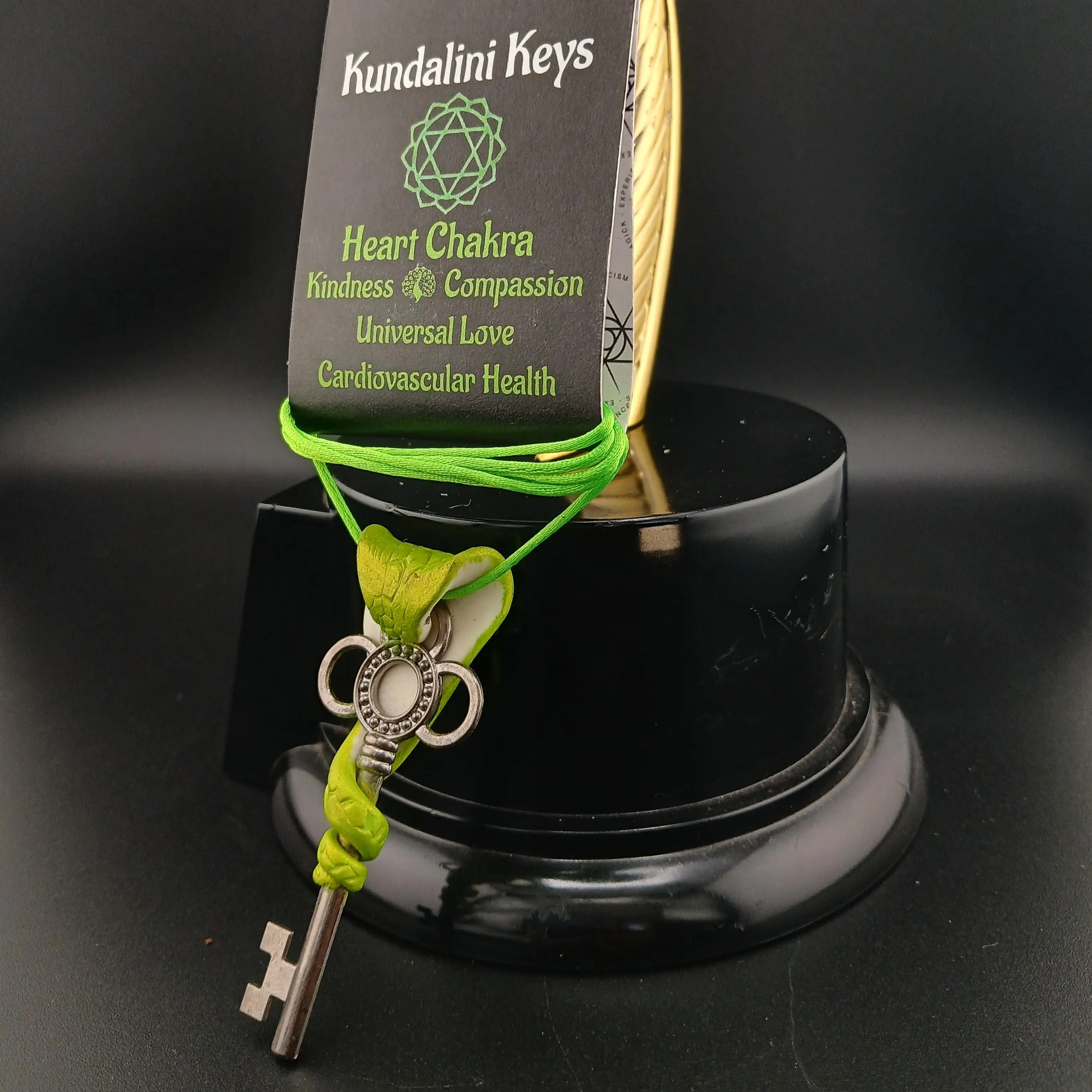 Heart Chakra Kundalini Snake Cord Affirmation Keychain Necklace, PU Leather Design, 1.5" x 3" Size, Auspicious Accessory for Grief & Releasing Grief Relief