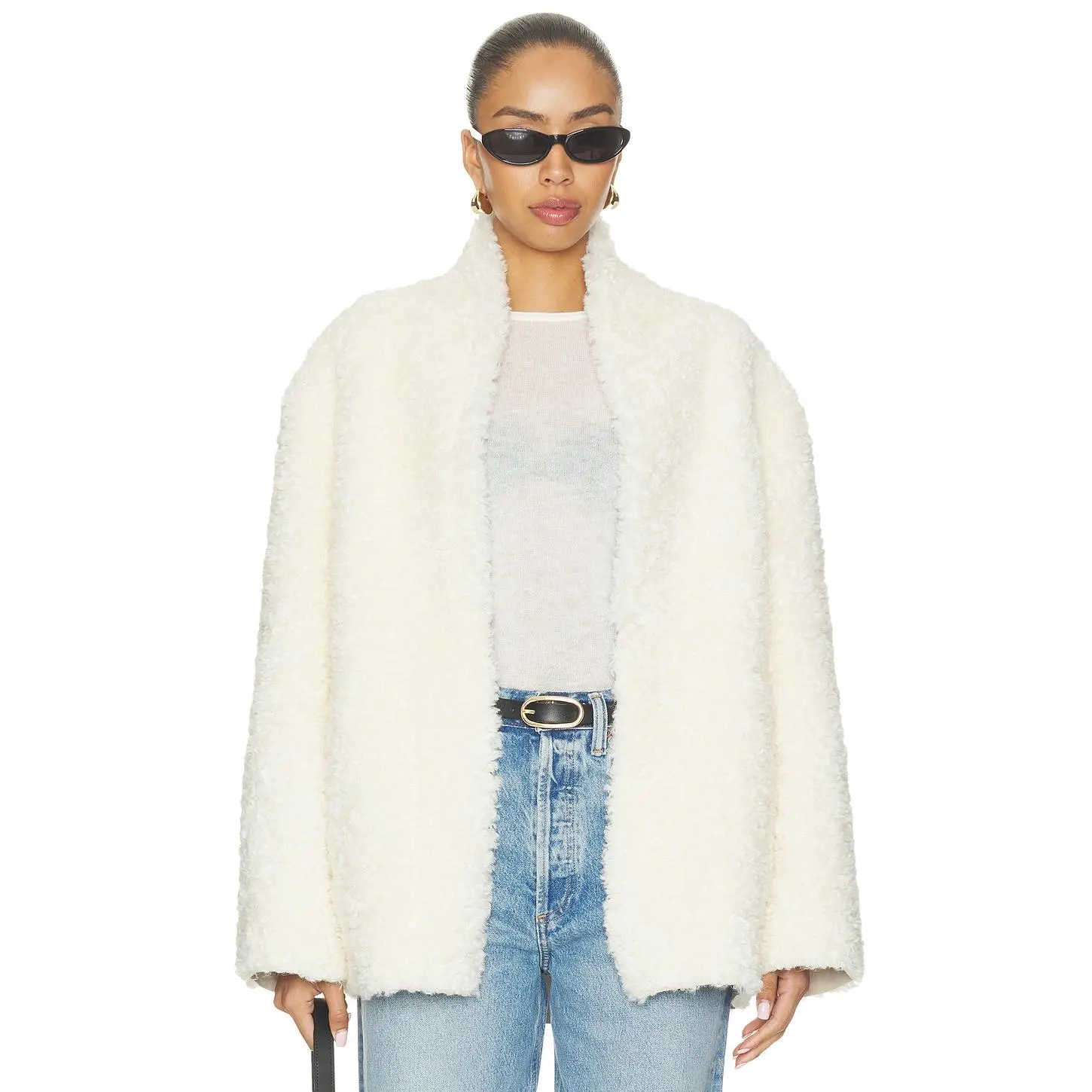 Source Unknown Manuela Shawl-collar Shearling Jacket in Ivory