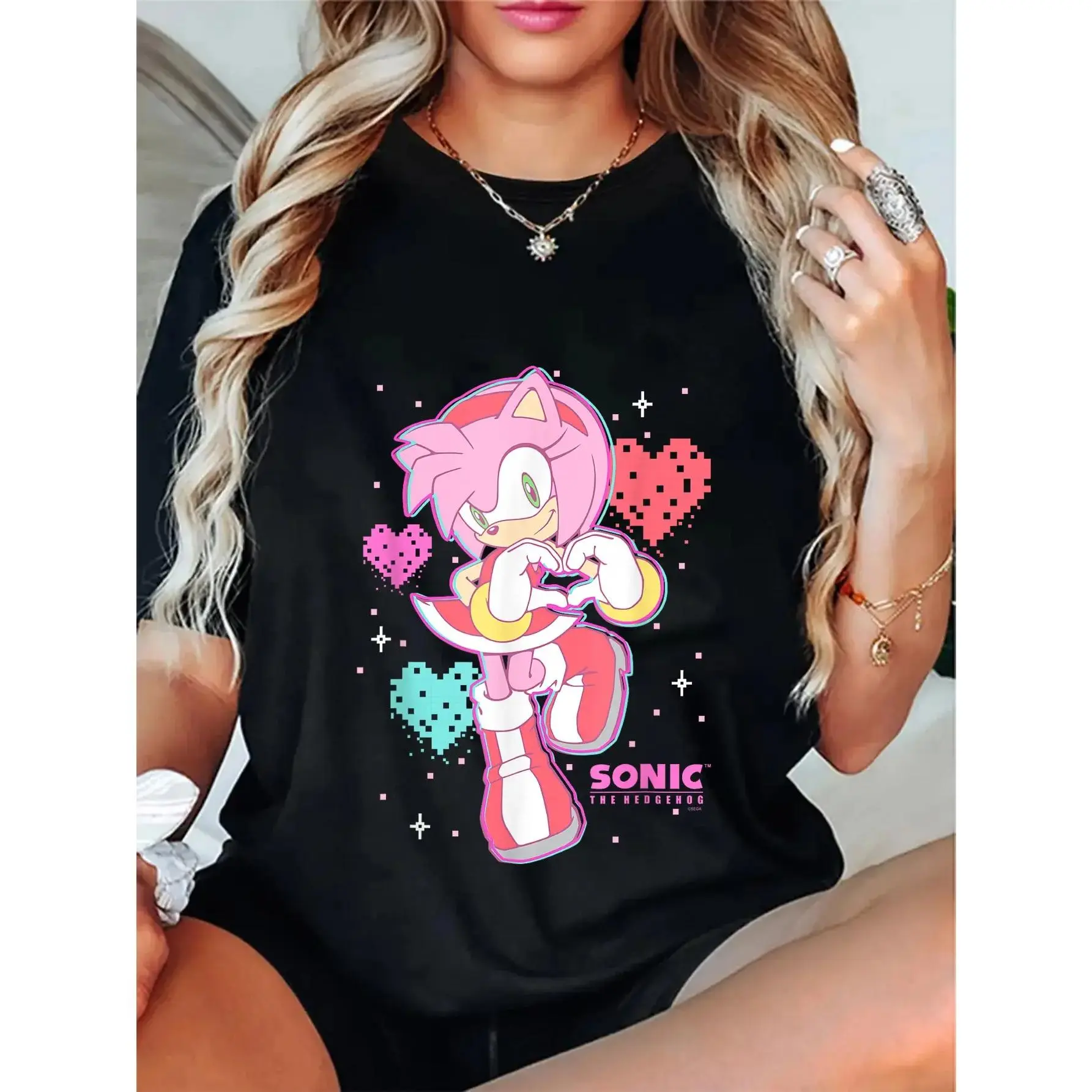 GGOR Unisex 100% Cotton Retro Graphic Short-Sleeve T-Shirt - Round Neck, Drop Shoulder, Normal Type Casual Streetwear Top with Sonic & Amy Rose Valentine's Day Logo (Sports & Outdoor Clothing)