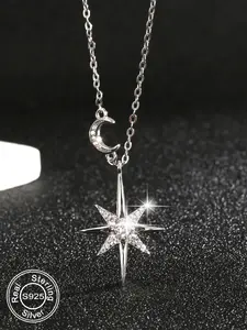 S925 Sterling Silver Star & Moon Design Pendant Necklace for Women & Girls, Fashion Jewelry for Party, Daily Decor, Trendy All-match & Exquisite Jewelry for Birthday Gift, Lightweight, Perfect for Gifting, Stunning, Durable