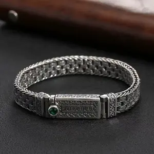 S925 sterling Silvery bracelet, six-word mantra inlaid buckle, handmade woven retro Thai style accessory, spiritual, minimalist style bracelet, vintage, handicraft, wristband, fashionable, for Teenager kashmiri bangles van cleef pandora bracelet