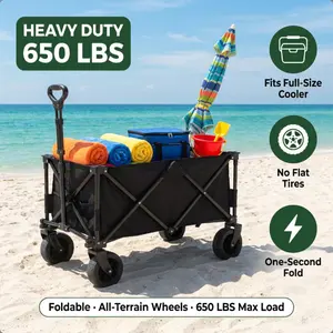 Heavy-Duty Foldable Beach Wagon Cart (650 lbs) – All-Terrain Camping & Pet Wagon with Steel Frame, 600D Oxford Fabric, Tool Holder, Durable Wheels & Reinforced Handle – No Assembly Required for Beach, Garden, Shopping & Sports – Black