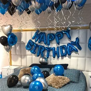 Blue Birthday Party Decoration Set, Including a 'Happy Birthday' Banner, Latex Balloons, Star-Shaped Foil Balloons with Glue Dots, And a White Ribbon Balloon Set, Suitable for Themed Birthday Parties for Both Men And Women
