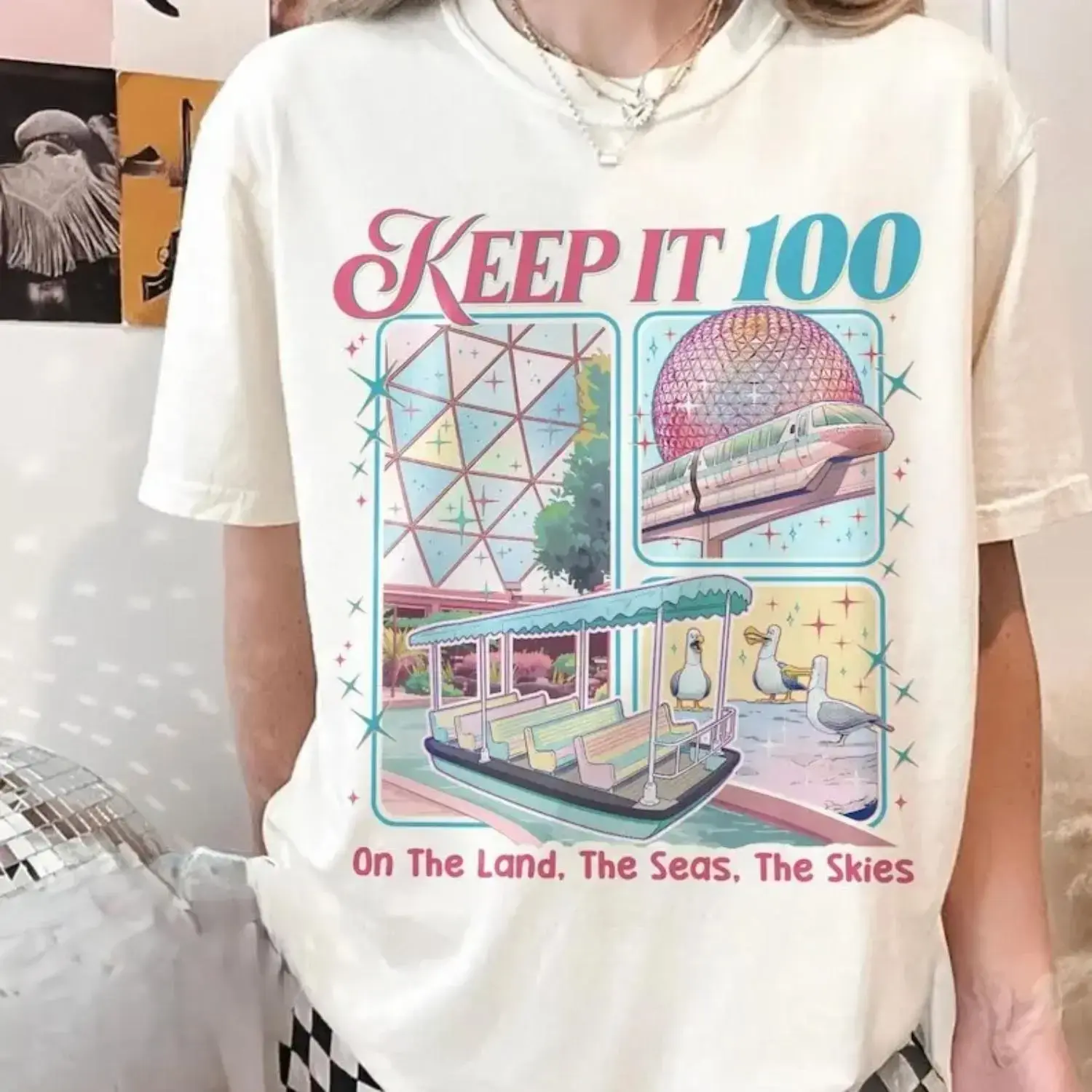 Women's Vintage Keep It 100 Short-Sleeve Round Neck Tshirt - Casual Streetwear Fit, Retro Magic Kingdom Theme Park Gift for Land, Seas, Skies Lovers