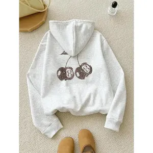 Women’s leopard cherry print drop shoulder thermal lined hoodie, fashion casual drawstring pocket hooded sweatshirt for daily holiday outdoor wear, women’s clothing for fall and winter