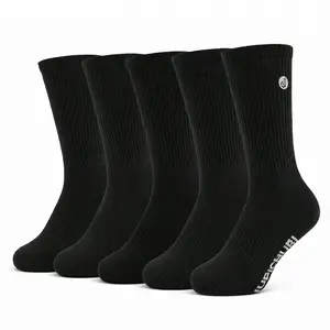 5 Pairs High Cotton Content Athletic Crew Socks - Lycra Technology Stretch Fit with Reinforced Heel & Toe - Anti-Slip Arch Compression Solid Color Socks for Training, Walking & Standing All Day