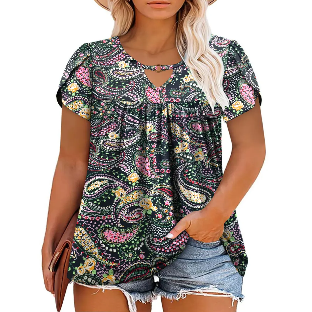 Women's ROSRISS Comfy Rayon-Jersey Spandex Blend Petal-Sleeve Blouse - Keyhole V-Neck, Lightweight Breathable Stretchy Plus-Size Top, Flowy Pleated Casual Tunic with Necklace Detail, Fits XL-5XL Sizes 0146 for Outdoor Fun, Feminine Clothes, Stretchy Fabri