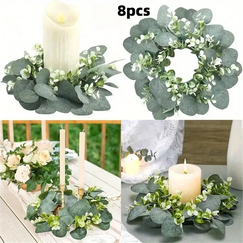 8pcs Compact Rustic Artificial Eucalyptus Leaf Candle Rings - Ring-Design Bohemian Wreath Candle Holders, Home & Wedding Anniversary Decor Decoration for Tabletops, Doors, Fireplaces