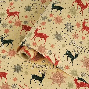 Christmas Wrapping Paper Roll 17Inch x 33Feet,  Brown   Wrapping Paper Roll, Reindeer Snowflake  Wrap Paper for Christmas Winter Holiday Gifts Crafts Party Decoration