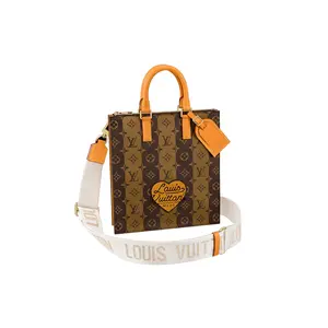 Louis Vuitton x Nigo Sac Plat Crossover Women's Handbag, Men's Crossbody Bag, Brown Coated Canvas with Monogram Stripe, Heart Logo, Leather Trim, Crossover Women's Handbags