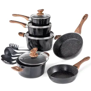 Kitchen Academy Induction Cookware Sets - 12/15 Pcs Black Hammered Cooking Pans Set with Healthy Granite Nonstick Material