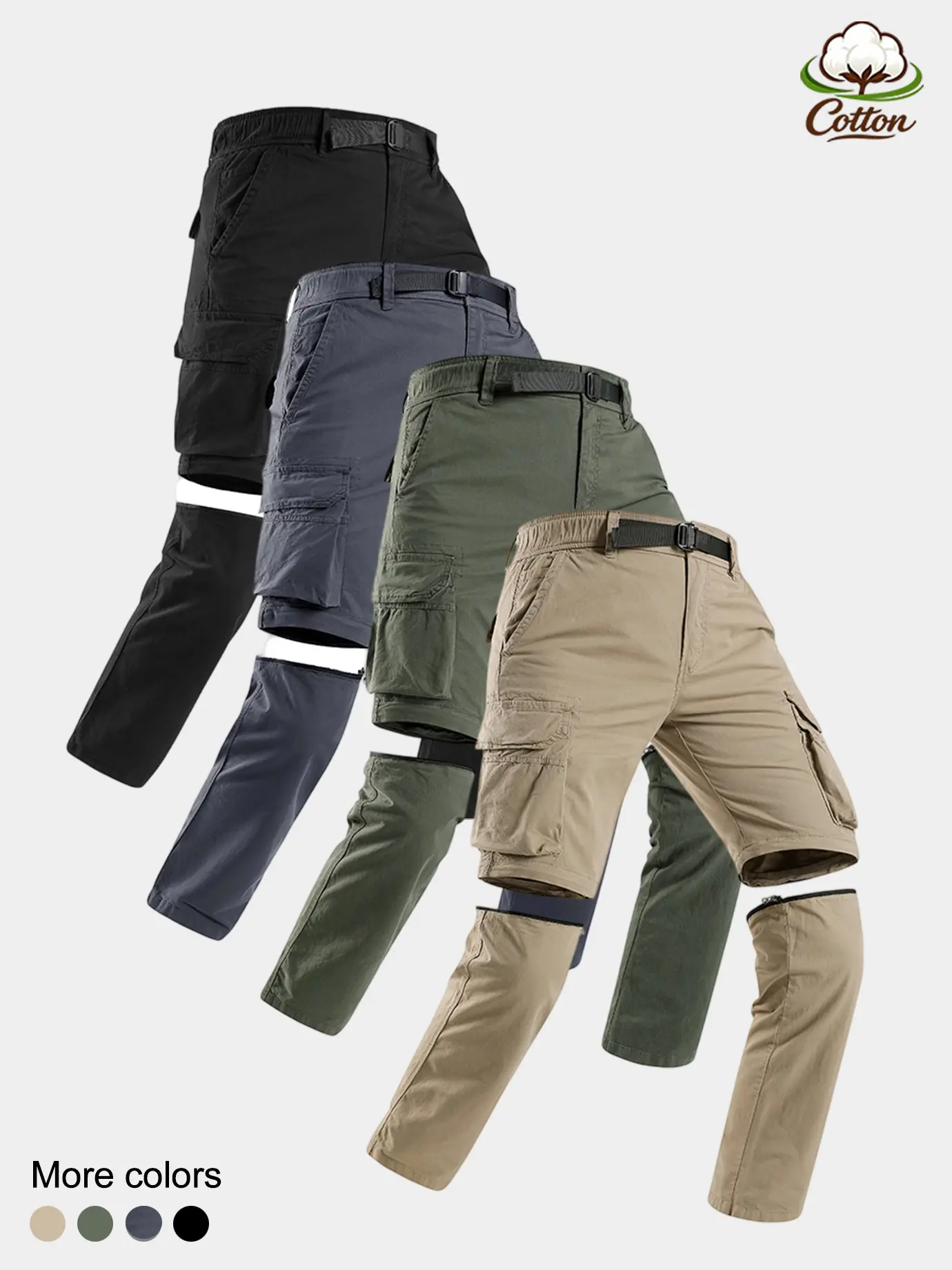 Outdoor Hiking Convertible Zip-Off Cargo Pants, Equipped Adjustable Webbing Belt, Detachable Two-Part Relaxed Fit, Multi Cargo Pockets Wear Resist Travel Pants