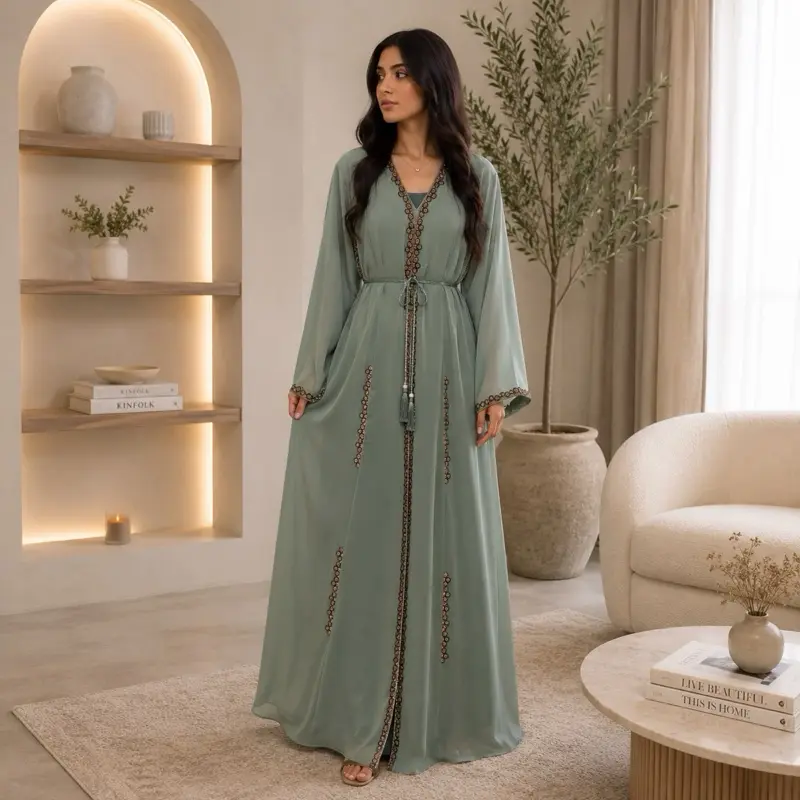 Dubai Abaya Normal Style  with Floral Embellishments and Sequined Details