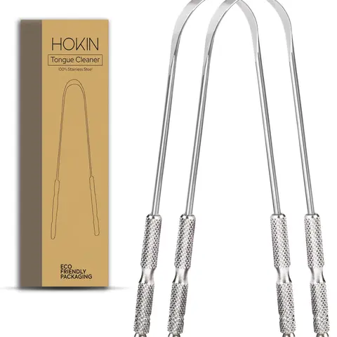 Tongue Scraper for Adults by HOKIN (2Pcs Oral Care Pack) Stainless Steel Tongue Cleaners Reduce Bad Breath 100% Metal Tough Scrapers Men and Women