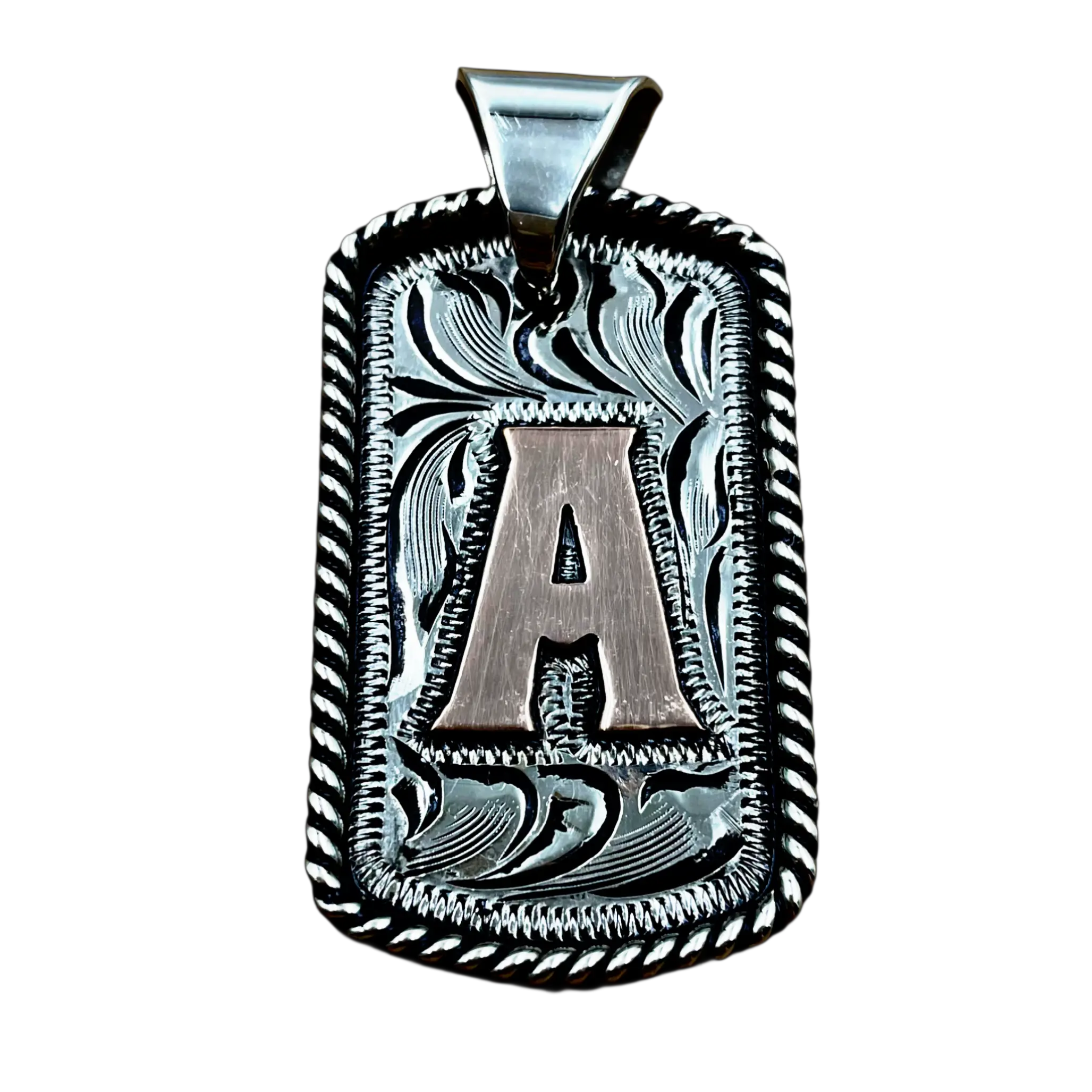 Custom Handmade US Dog Tag mirror Ornament, Keychain, Pendant, Necklace. Copper Initial. Hand crafted Jewelry. Hand Engraved. Includes Free 23" Chain & Keychain Ring
