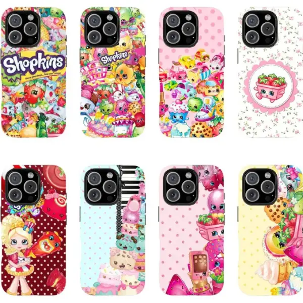 Shopkins Phone Case – Cute Kawaii Cartoon Characters Pastel Pink Pattern Cover for iPhone 17 16 15 14 13 12 11 Pro Max X XS & Samsung Galaxy S21–S25 Plus Ultra | Nostalgic Y2K Aesthetic Gift for Girls & Shopkins Lovers