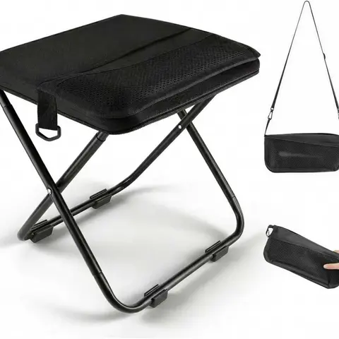 Collapsible Foldable Seat Stool - Lightweight Camping Furniture, Nylon Office Presentation Supply, Waterproof, Abrasive Resistant, Adult-Sized, 280 lbs Capacity, Dual Storage Pockets, Carry Bag, Ideal for Camping (Black)