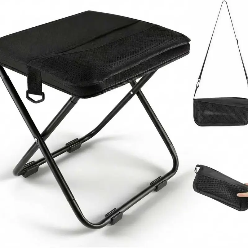Collapsible Foldable Seat Stool - Lightweight Camping Furniture, Nylon Office Presentation Supply, Waterproof, Abrasive Resistant, Adult-Sized, 280 lbs Capacity, Dual Storage Pockets, Carry Bag, Ideal for Camping (Black)