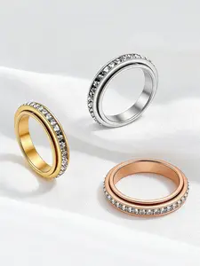 Hot Selling 4mm Square Diamond Rotating Openwork Ring, Stainless Steel Full Drill Women's Ring, Fashionable and Durable Jewelry Accessory, Stackable Rings, Dainty Stacking Rings