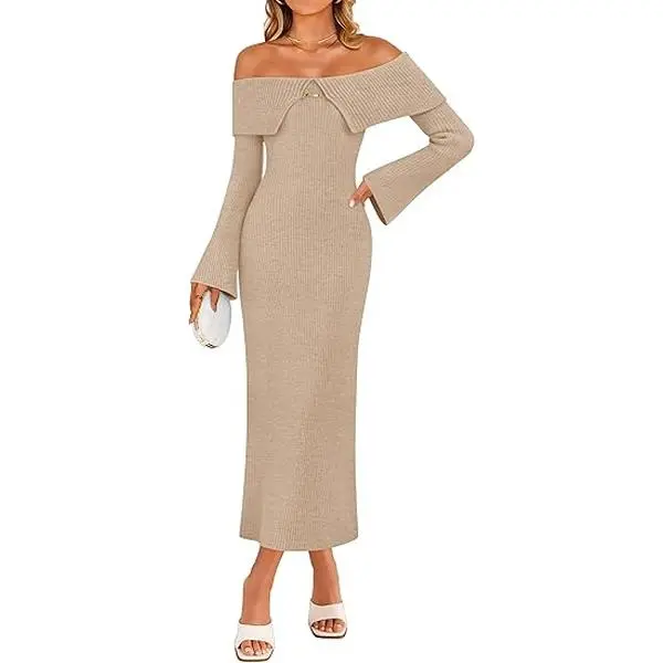 ZESICA Women's Fall Off Shoulder Sweater Dress 2026 Bell Long Sleeve Ribbed Knit Bodycon Formal Maxi Dresses