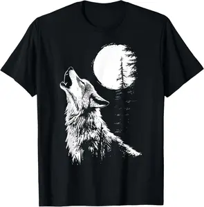 100%cotton Graphic Tee Wolf Howling Moon Forest Nature Wildlife Animal T-Shirt Menswear Top