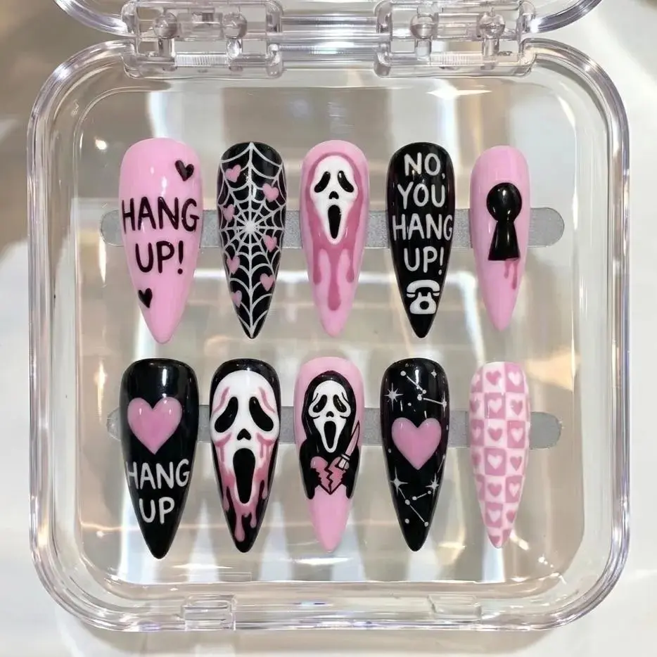 Pink Scre@m Press On Nails, Gothic Gh0st Face False Nails with Heart Spider Web Spooky Coquette Design, Glossy Cute Halloween Reusable Nail Tips, Handmade Horror Nail Set Gift for Women Short