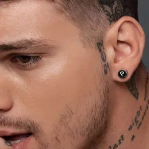 FaithHeart Black Enamel Initial Stud Earrings For Unisex Stainless Steel