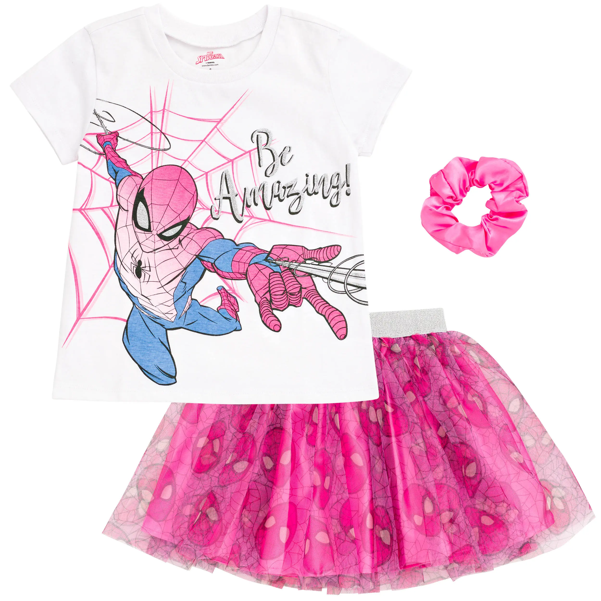 Marvel Spider-Man Girls' 2-Piece Outfit - Glitter Fabric Round Neck Short Sleeve Tee, Elastic Waistband Tulle Tutu Skirt, Playful Design (Pink White, Toddler to Big Kid), Dress Up Set, Fashion Clothes Sets