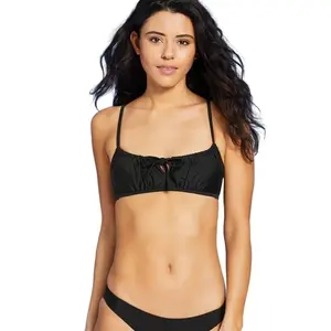 Juniors' Tunneled Tie Front Bralette Bikini Top Xhilaration Black S