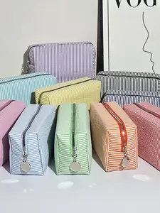 Striped Women's Vanity Makeup Organizer Bag, Polka Dot Striped Zipper Storage Pouch, Travel Bathroom Kit, Makeup Storage Bag, Back-To-School Pack, Travel Cosmetic Bag