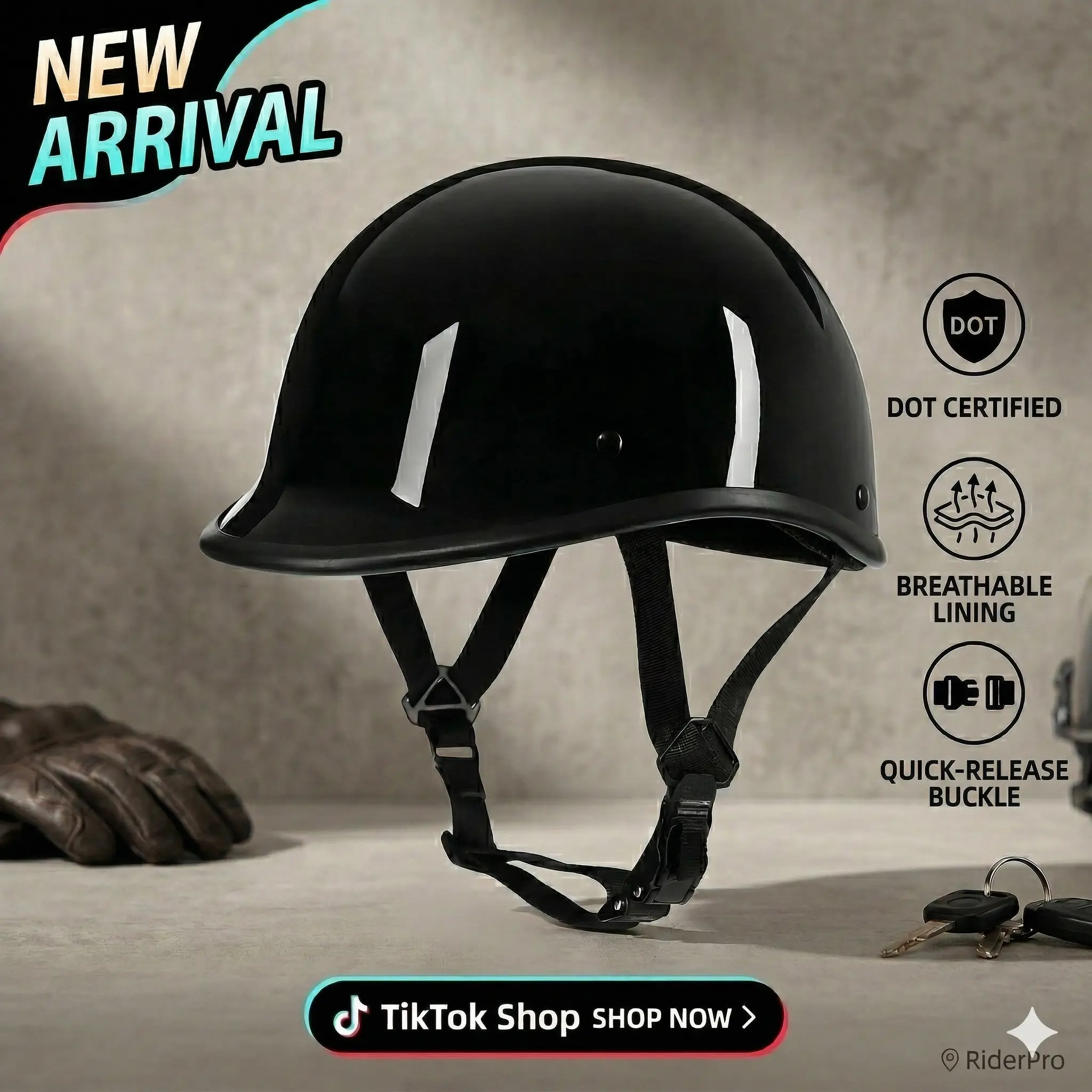 QUICKOOL DOT Approved German-Style Hard-Shelled Dome Half Helmet - Low Profile Open Face Adjustable Cruiser Helmet for Motorcycle Riders, Safety Gear, Dome Helmet, Adjustable Half Helmets