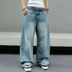 Men's color-block pocket loose-fit casual washed wide-leg jeans, curved knife cut fathersdaygift