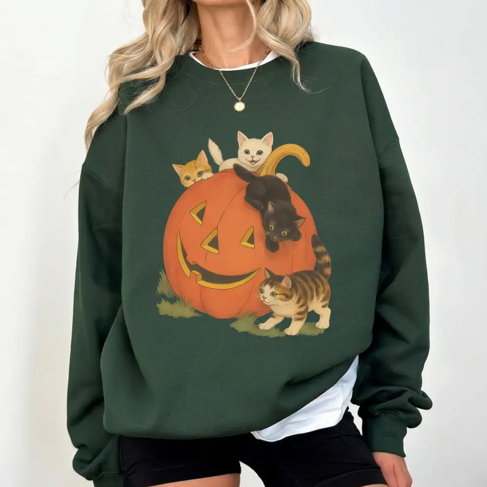 Vintage Cat Pumpkin Sweatshirt, Retro Halloween Crewneck, Cute Black Cat & Jack O Lantern Sweatshirt, Spooky Season Pullover, Cozy Fall Outfit, Cat Lover Gift, Pumpkin Patch Apparel