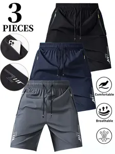 Men’s Summer Lightweight Quick-Dry Breathable Casual Athletic Shorts, 3-Pack, Zip Pockets, Knee-Length — Running, Fitness, Fishing, Cycling