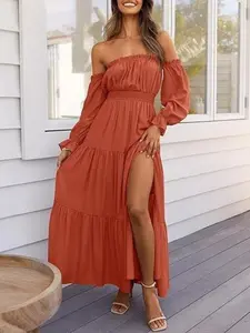 Women's Boho Off-Shoulder Wedding Guest Dress, Spring Summer Side Slit Flowy A-Line Long Skirt, Loose-Fitting Plain Style