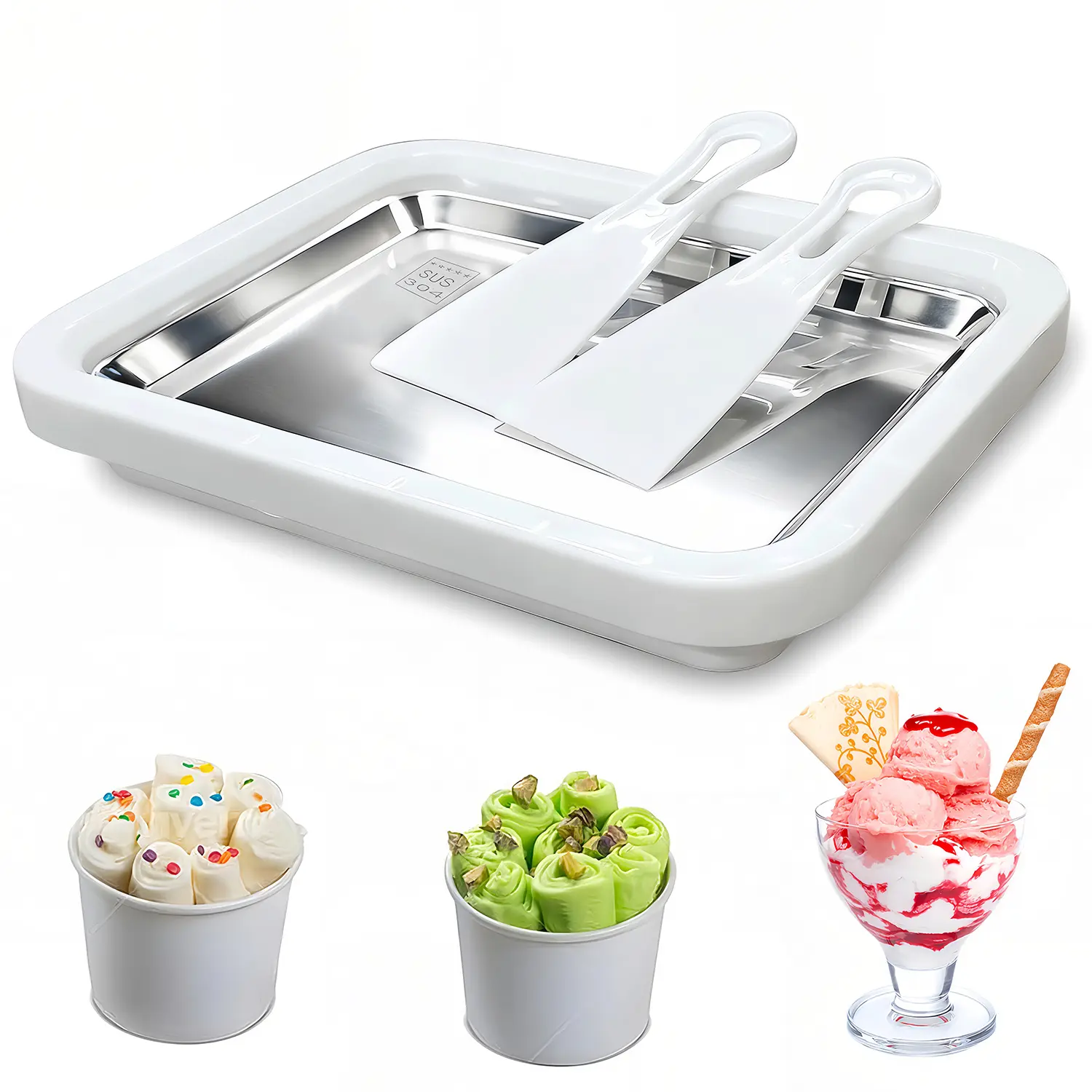 304 Stainless Steel Instant Ice Cream Maker - Climafusion Rolled Gelato/Frozen Yoghurt Pan, Versatile and Multi-Functional DIY Frozen Treats Tool for Family Fun & Party Time, 3-4 Servings White Home Supply Complete Set