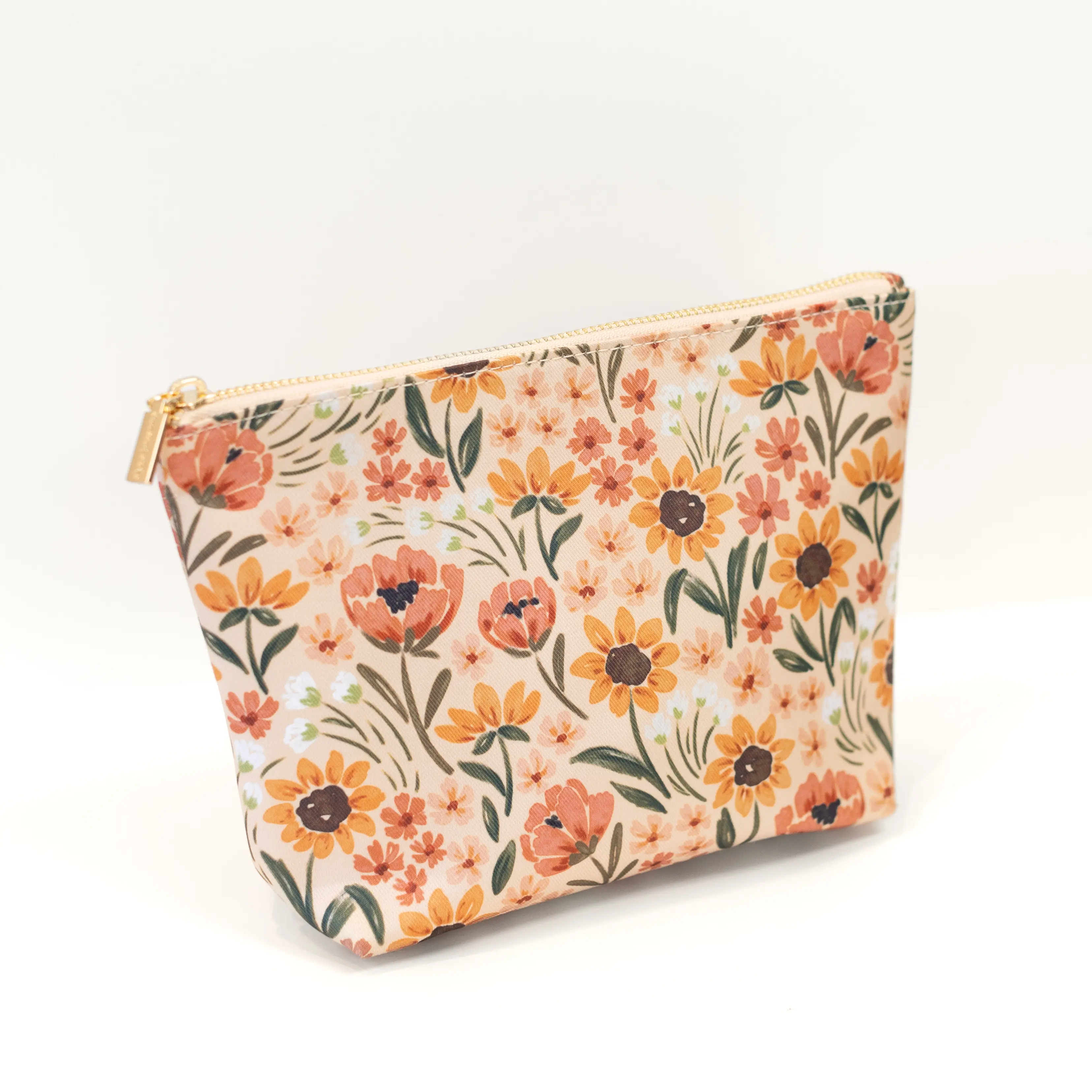 Large Floral Print Carry-All Pouch - Compact Polyester Organizer for Travel, Makeup, Art Supplies, and Beauty on the Go with Gold Zipper, Gold Zipper Adds Polish