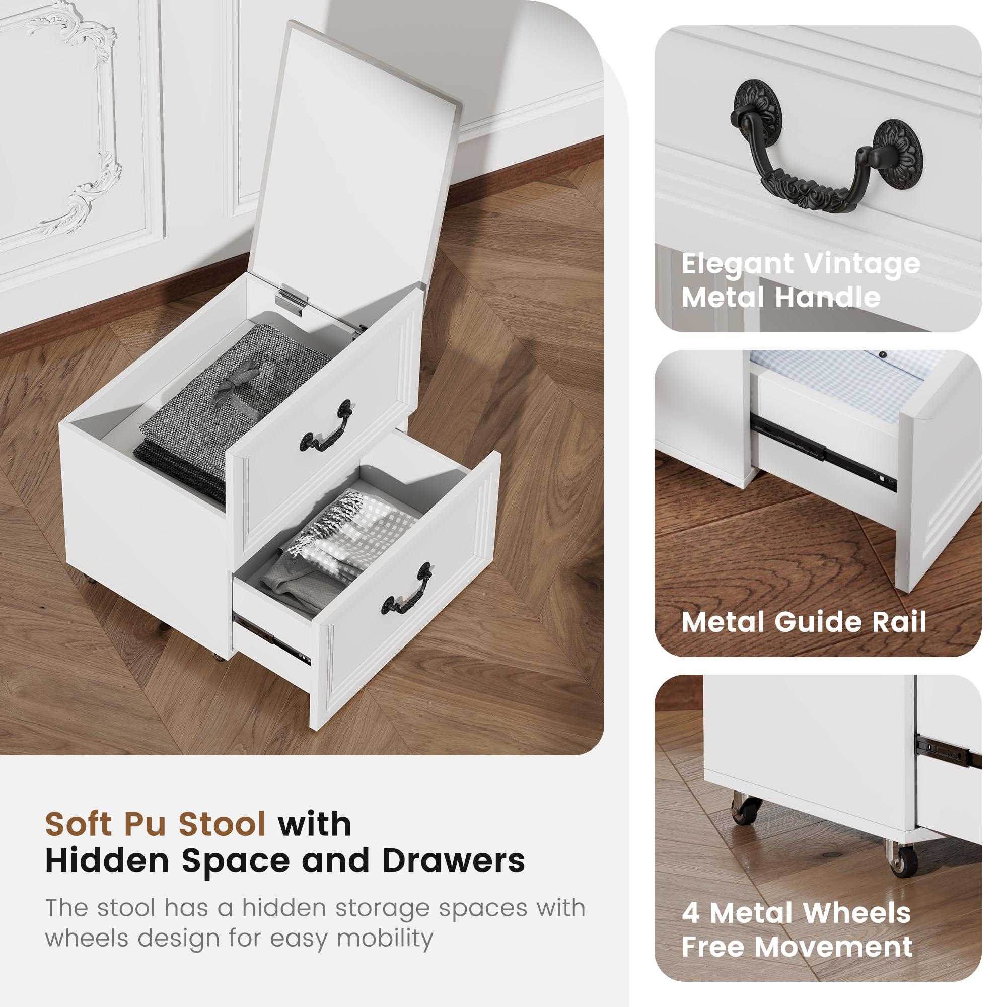 Miu small room vanity with Flip-up LED Mirror, Glass Tabletop,6-Compartment Storage Space, Soft Stool with Hidden Space & Drawer