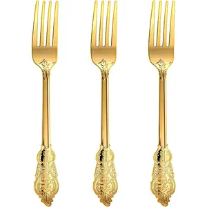 Gold Plastic Forks, 7.48in Disposable Gold Plastic Silverware, Heavy Duty Plastic Forks for Parties, Weddings and Events