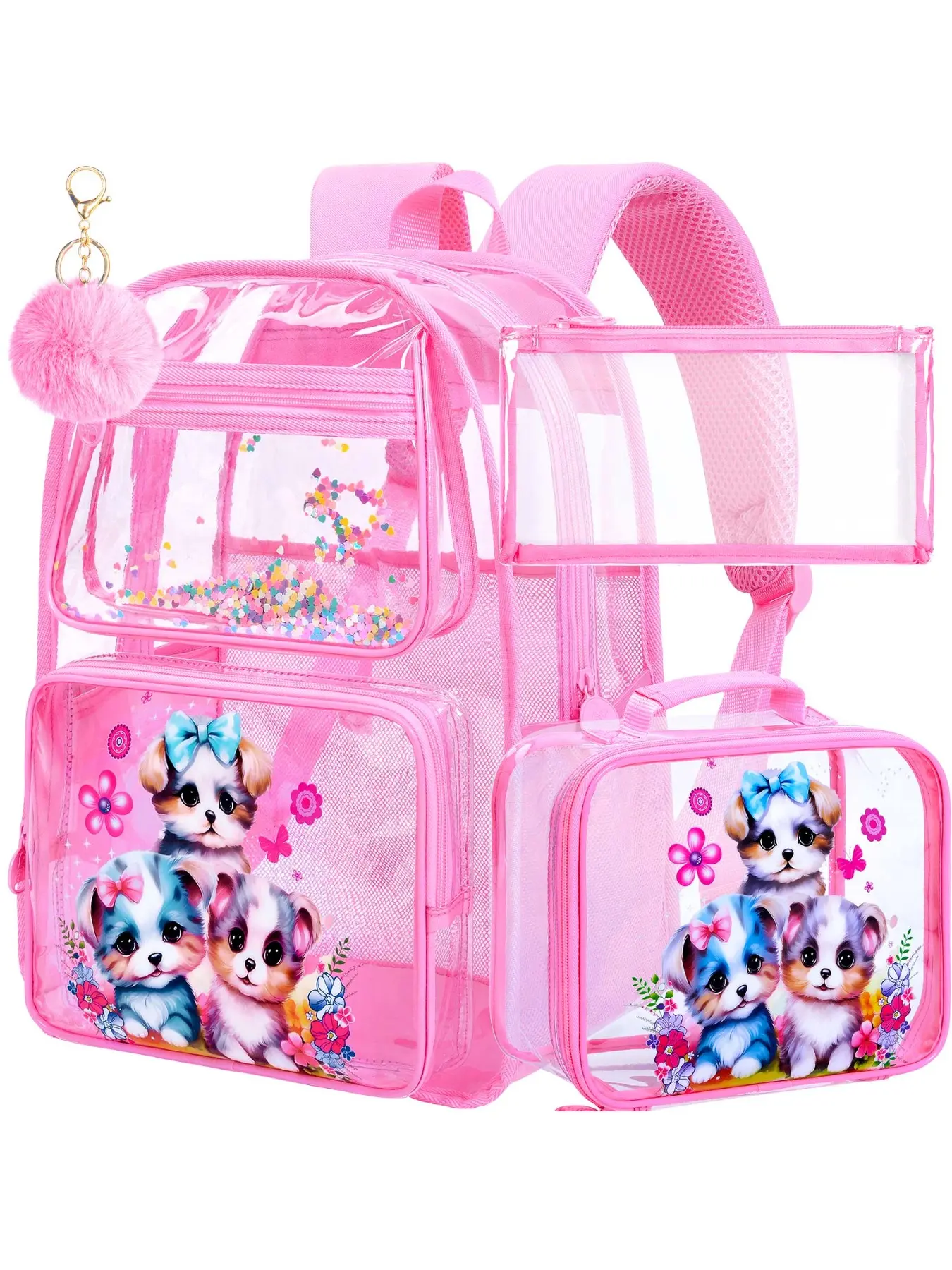 3PCS Clear Backpack for Girls, Pattern Backpack Set, See Through Backpacks for Kids with Lunch Box, Heavy Duty Transparent Bookbag - Dog, Kawaii Girly Backpack, Cute Daypacks, School Backpack Set