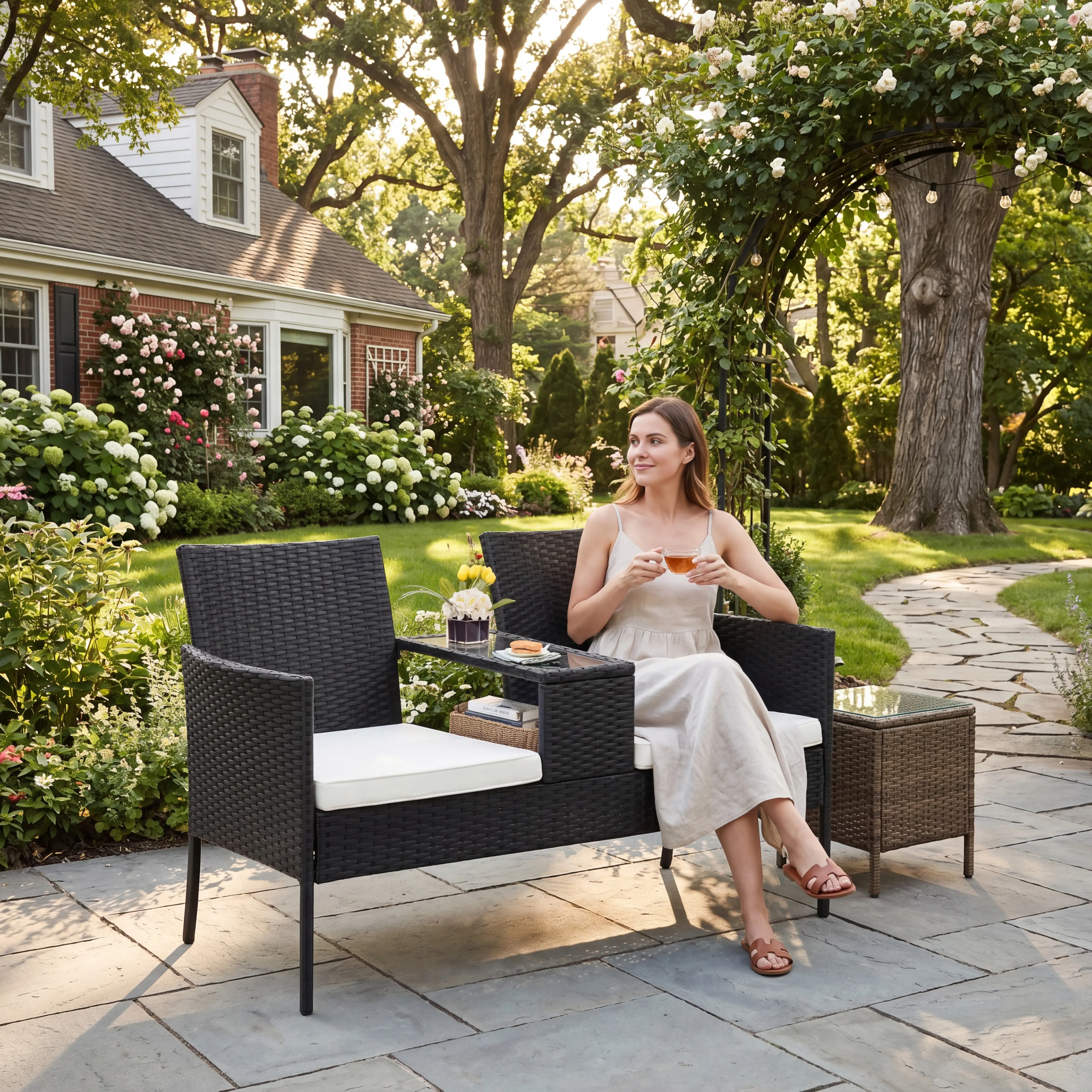 Wicker 2 Seat Patio Conversation Set, Outdoor Rattan Loveseat with Table, Washable Cushion Covers, Backyard, Garden, Lawn, Black Rattan with Black Cushion summergarden,home decor,camping essentials