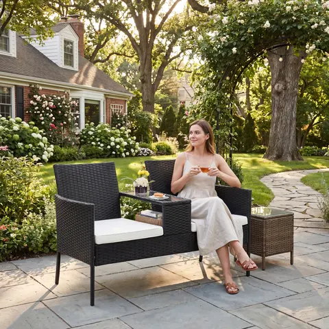 MURAGO 2-Seat Rattan Conversation Set - Outdoor Patio Furniture Set with Rectangular Table, Washable Cushion Covers, Storage, Waterproof, Assembly Required, Rustic Farmhouse Decor for Backyard, Black Rattan & Cushions