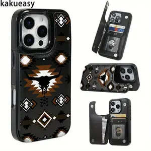 Western Aztec Cow Skull Card Holder Phone Case for iPhone 17/16/15/14/13/12 Pro/Plus/Pro Max/Air Durable Faux Leather Shockproof Protection Multi-Card Holder Geometric Design