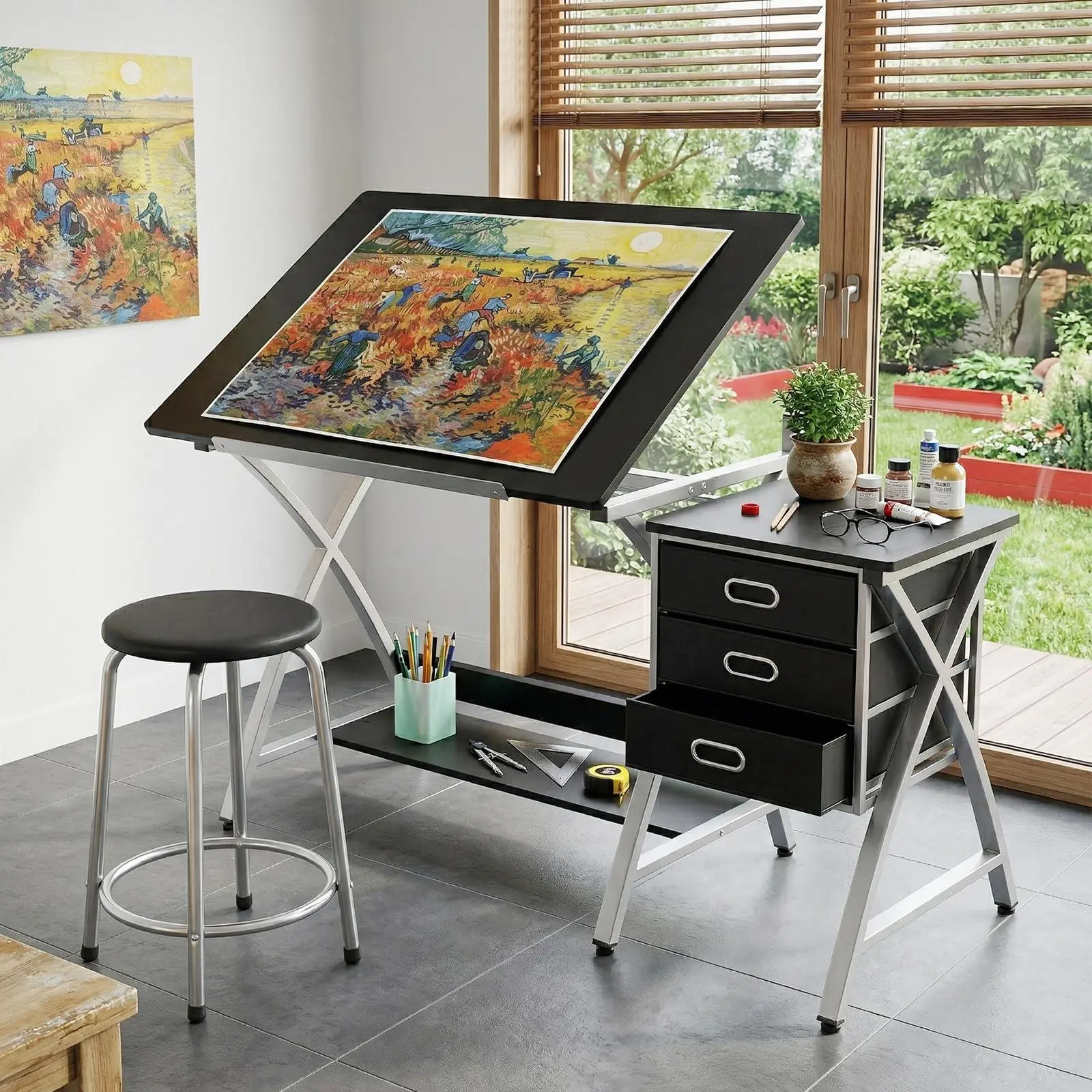Adjustable Drafting Table, Tilting Drawing Table with Stool & Storage Drawer, Multi-Angle Tabletop Art Desk Drawing Desk for Artist, Painters, Home Office Study Workstation