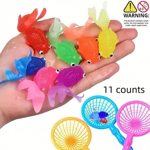 11pcs Floating Soft Rubber Goldfish Toys with Net, Indoor Outdoor Water Games, Summer Party Decorations, No Battery Required, Pool Floaters, Pool Floaties